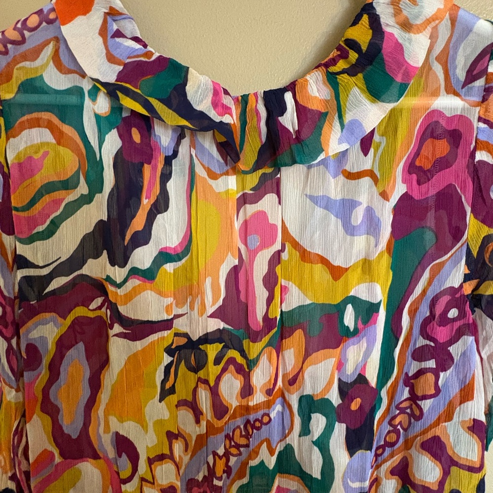 Anthropologie Abstract Print Midi Dress Smocked Waist Ruffle Neck Tassel Tie - Picture 6 of 8